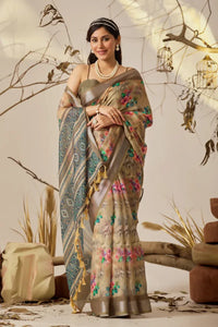 Premium Linen Cotton Saree - Elegant Floral Patola Festive Wear