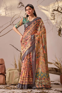 Premium Linen Cotton Saree - Elegant Floral Patola Print Festive Wear for Women