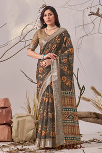 Premium Linen Cotton Saree - Elegant Floral Print Festive Wear
