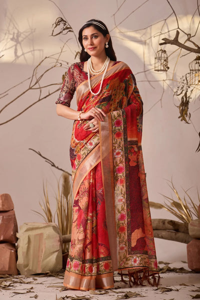 Premium Linen Cotton Saree - Elegant Floral Print Festive Wear for Women
