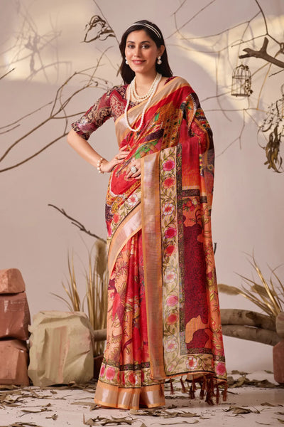 Premium Linen Cotton Saree - Elegant Floral Print Festive Wear for Women