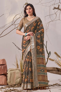 Premium Linen Cotton Saree - Elegant Floral Print Festive Wear for Women