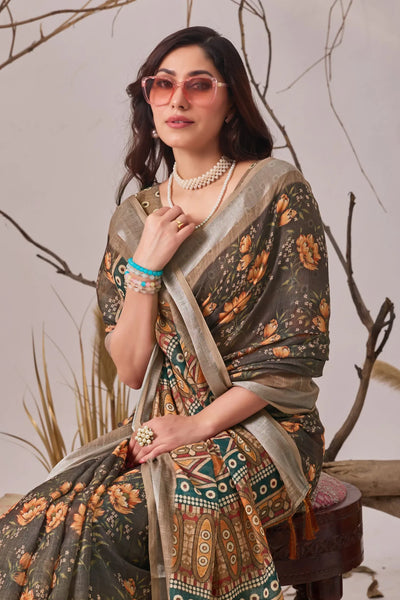 Premium Linen Cotton Saree - Elegant Floral Print Festive Wear for Women