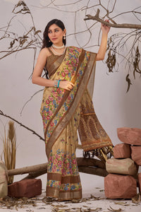 Premium Linen Cotton Saree - Elegant Floral Print Festive Wear