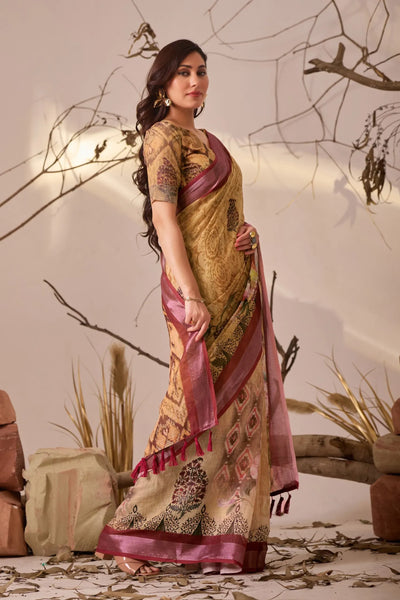 Premium Linen Cotton Saree - Elegant Floral Print & Patola Border Festive Wear for Women