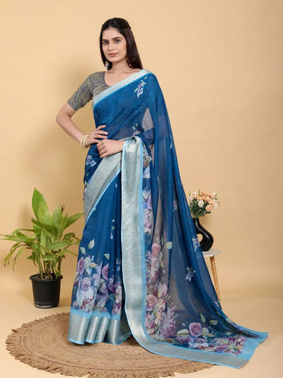 Premium Linen Cotton Saree - Elegant Floral Print with Silver Border for Festive Wear