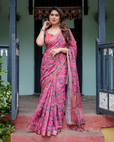 Premium Linen Cotton Saree - Elegant Floral Printed Festive Wear for Women