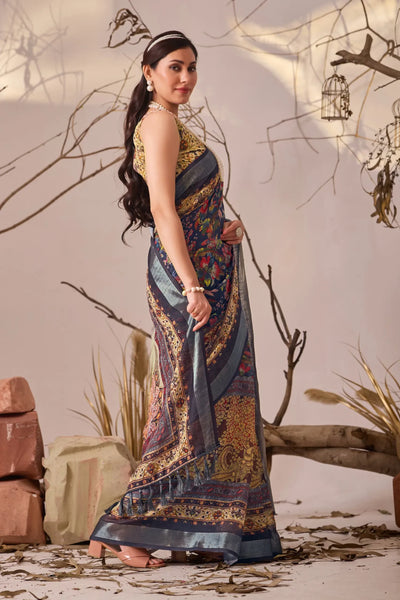 Premium Linen Cotton Saree - Elegant Floral Prints and Patola Border for Festive Celebrations
