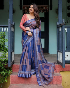 Premium Linen Cotton Saree - Elegant Geometric Woven Festive Wear for Women