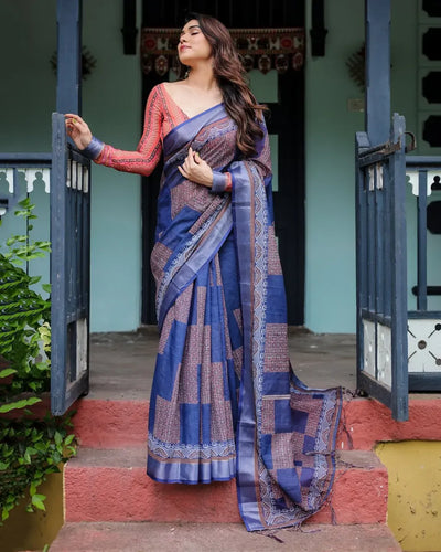 Premium Linen Cotton Saree - Elegant Geometric Woven Festive Wear for Women