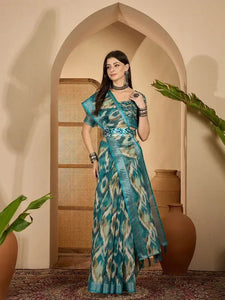 Premium Linen Cotton Saree - Elegant Ikat Print Festive Wear for Women