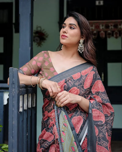 Premium Linen Cotton Saree - Elegant Leaf Motif Festive Wear for Women