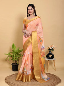 Premium Linen Cotton Saree - Floral Festive Wear for Women