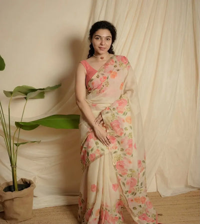 Premium Linen Cotton Saree - Floral Print for Festive Wear