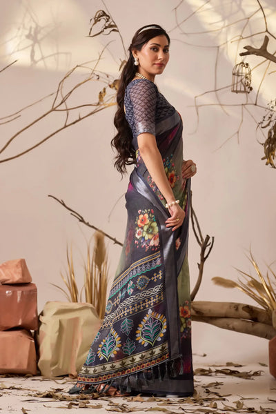 Premium Linen Cotton Saree with Elegant Floral Print & Patola Border - Festive Wear for Women