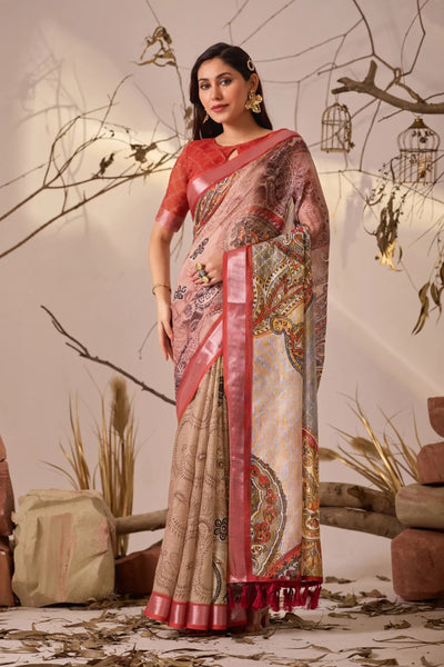 Premium Linen Cotton Saree with Elegant Paisley Print for Women's Festive Wear