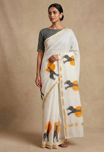 Premium Linen Cotton Saree with Gold Zari Border and Quirky Giraffe Print