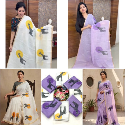 Premium Linen Cotton Saree with Gold Zari Border and Quirky Giraffe Print