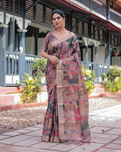 Premium Linen Cotton Saree with Madhubani Print - Elegant Festive Wear for Women