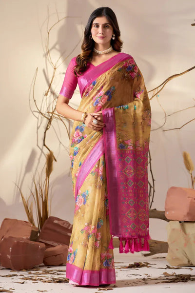 Premium Linen Cotton Saree with Patola Border for Festive Wear