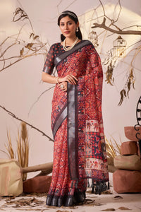 Premium Linen Cotton Saree with Royal Ethnic Print - Elegant Festive Wear for Women