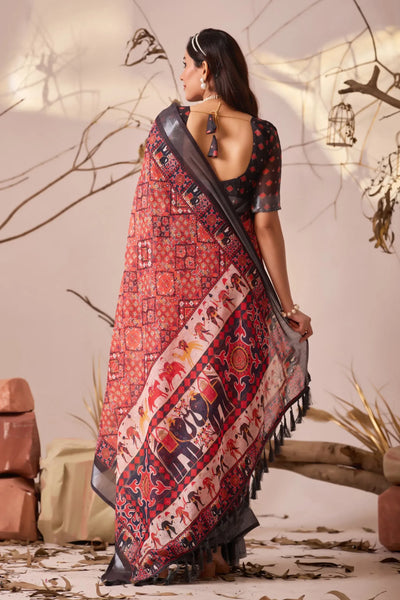Premium Linen Cotton Saree with Royal Ethnic Print - Elegant Festive Wear for Women