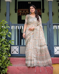 Premium Linen Cotton Saree with Silver Zari Border for Festive Wear