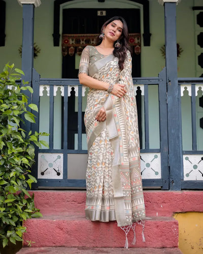 Premium Linen Cotton Saree with Silver Zari Border for Festive Wear