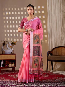 Premium Linen Cotton Saree with Traditional Digital Print Pallu for Festive Wear