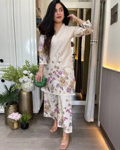 Premium Linen Cotton Short Kurti Set - Elegant Sequence Embroidery Festive Wear