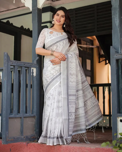 Premium Linen Cotton Warli Print Saree - Elegant Festive and Office Wear for Women