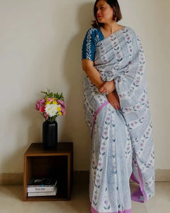 Premium Linen Saree - Digital Floral Print with Designer Blouse for Festive Wear
