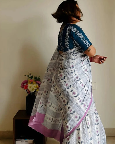 Premium Linen Saree - Digital Floral Print with Designer Blouse for Festive Wear