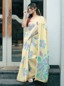 Premium Linen Saree - Elegant Digital Floral Print Festive Wear for Women