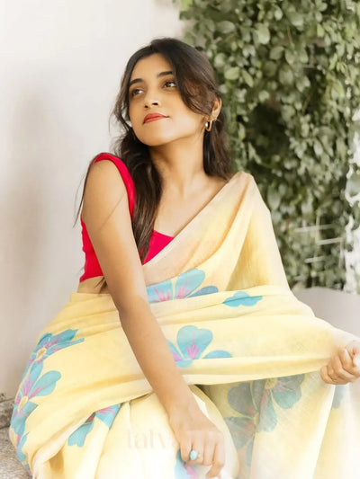 Premium Linen Saree - Elegant Digital Floral Print Festive Wear for Women