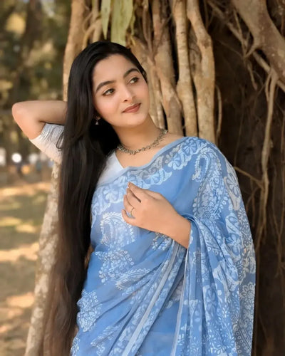 Premium Linen Saree with Blouse - Elegant Digital Prints Festive Wear for Women
