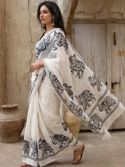 Premium Linen Saree with Elegant Digital Prints for Festive Wear