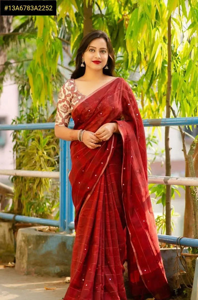 Premium Linen Saree - Zari & Mirror Work with Free Jhumkas