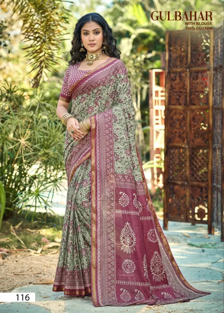 Model wearing grey floral print Maheshwari silk cotton saree with rich zari border