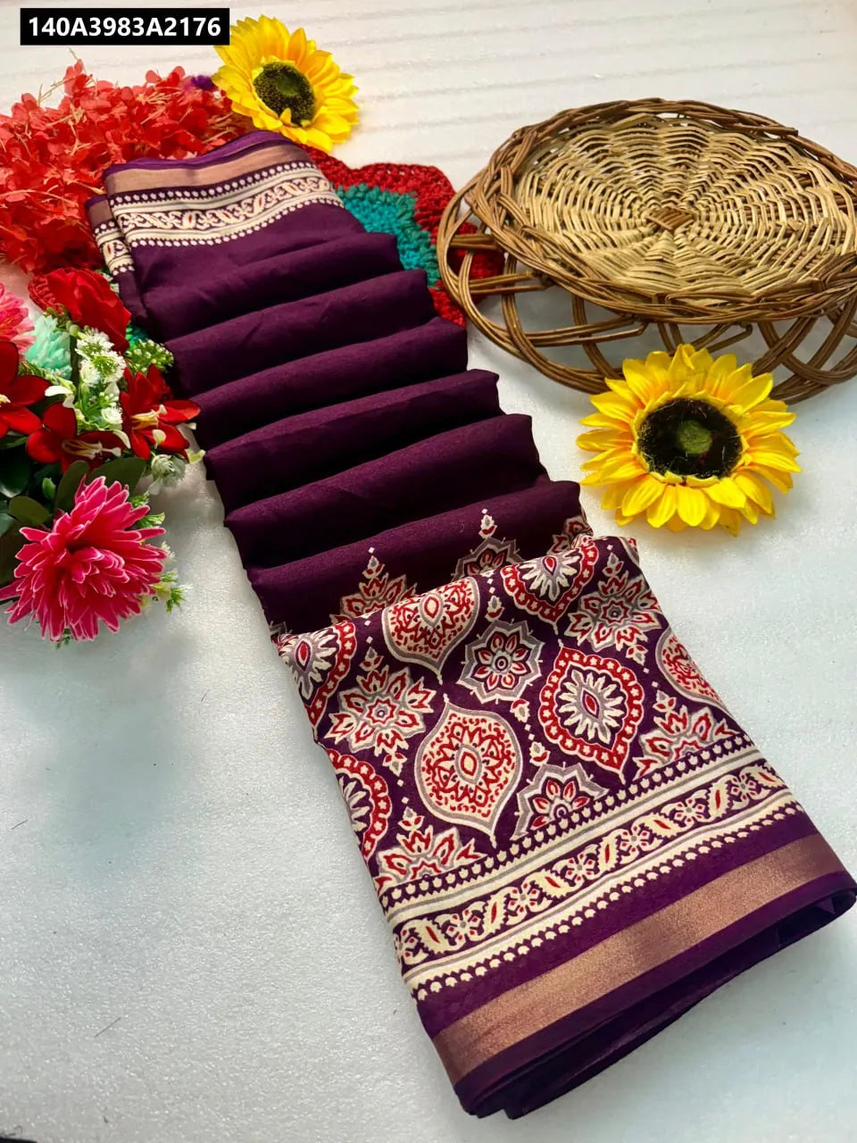 Maroon Mangalgiri Silk Cotton Saree with traditional jaquard border and butti blouse piece.