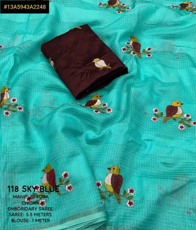 Premium Manipuri Kota Saree - Chidiya Embroidery | Spring Festive Wear
