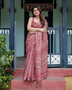 Premium Maroon Linen Cotton Saree - Elegant Traditional Print Festive Wear