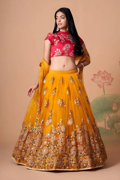 Premium Mirror Work Lehenga Choli - Festive Marigold Net Designer Set