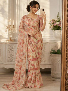Premium Mirror Work Saree - Elegant Sequins & Floral Print Design for Festive Wear