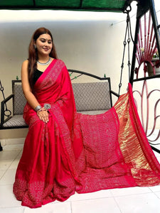 Premium Modal Silk Ajrakh Saree - Hand Print Festive Wear