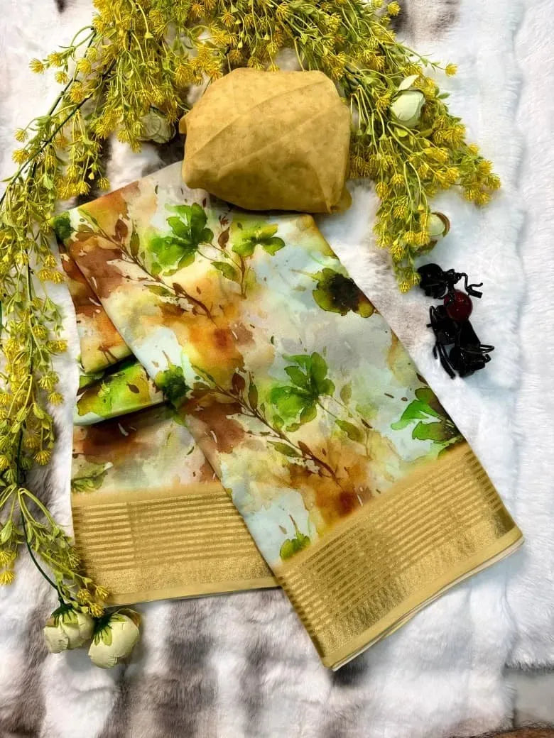 White and green floral print moss silk saree with gold border