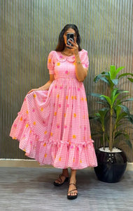 Premium Mul Chanderi Floral Midi Dress - Elegant Summer Wear for Women