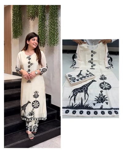 Premium Mulberry Silk Suit Set with Handcrafted Bagru Print and Mirror Work for Women