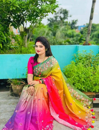 Premium Multicolor Art Silk Saree - Festive Floral Print