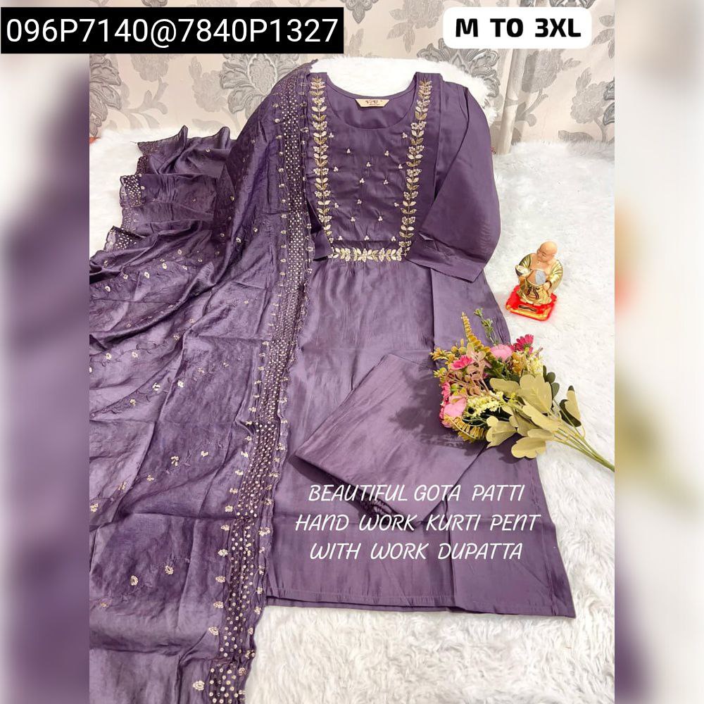 Women's Premium Muslin Gota Patti Kurti Set in Lavender with matching Pant and Dupatta, front view, main display